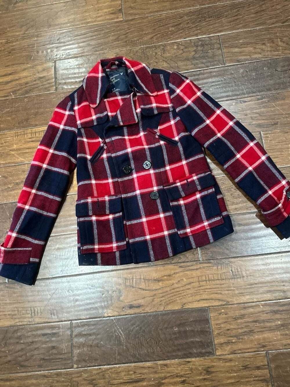 American Eagle Outfitters Red‎ Plaid Quilted Lined Pea Coat Size S/P